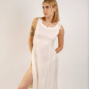 70s Side Slits Dress (M) embroidered high white medium vintage sexy fairy nighty